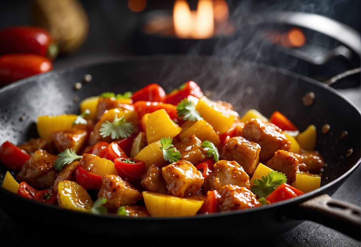 A sizzling wok stir-fries chunks of crispy chicken, bell peppers, and pineapple in a glossy sweet and sour sauce