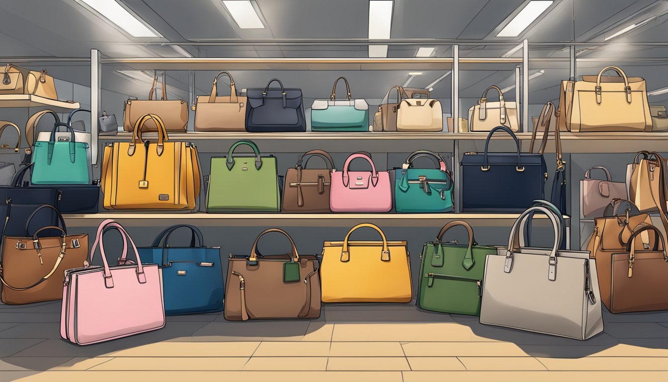 Luxury bags displayed in a Japanese second-hand market, sought after designer brands, bustling with shoppers and sellers