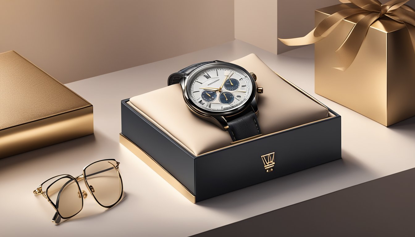 A sleek watch box sits on a velvet cushion, surrounded by soft lighting and elegant decor, showcasing the logo of an affordable luxury watch brand