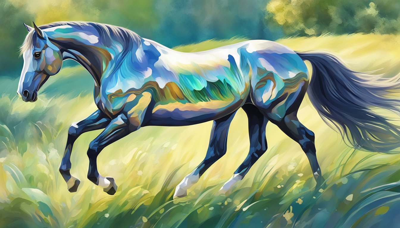 A majestic horse with a glistening abalone shell pattern on its coat gallops through a sunlit meadow