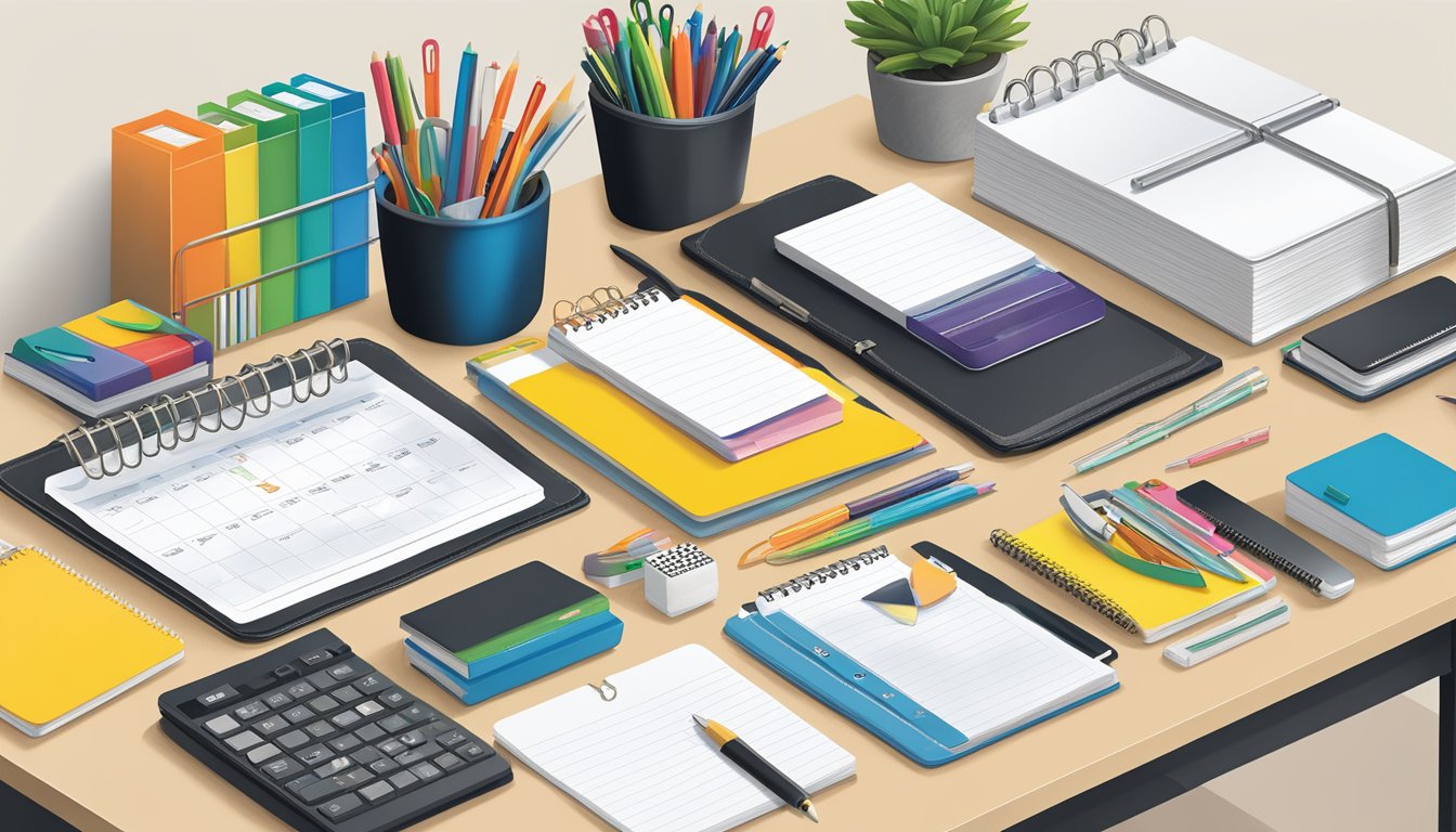 An office desk with ACCO Brands stationery and organizational products neatly arranged. A calendar, binder, and paper clips are prominent