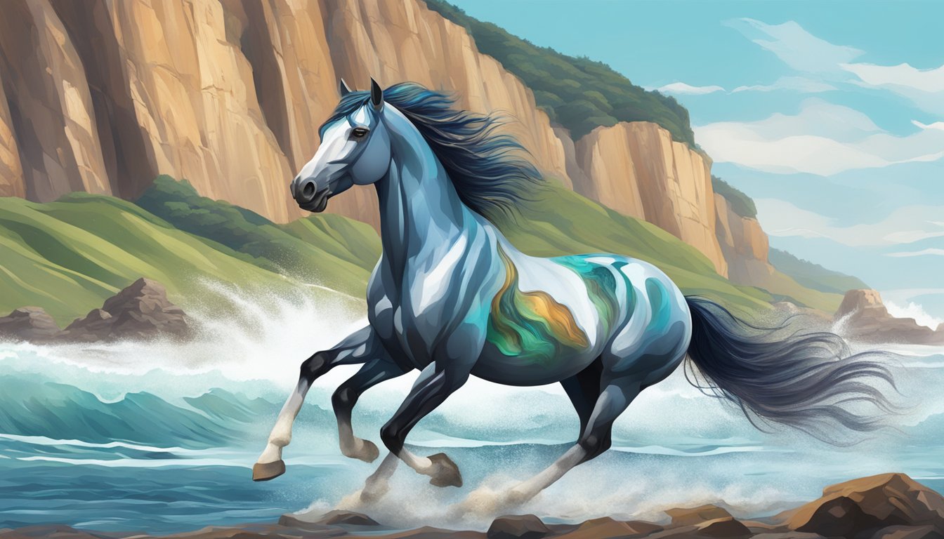 A majestic horse with a brand of abalone shell on its flank, galloping through a coastal landscape with crashing waves and rugged cliffs