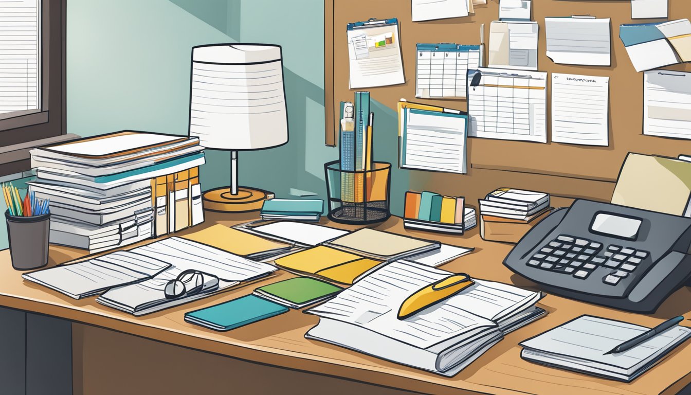 An office desk with ACCO Brands products neatly arranged, including binders, planners, and staplers. A calendar on the wall displays upcoming events