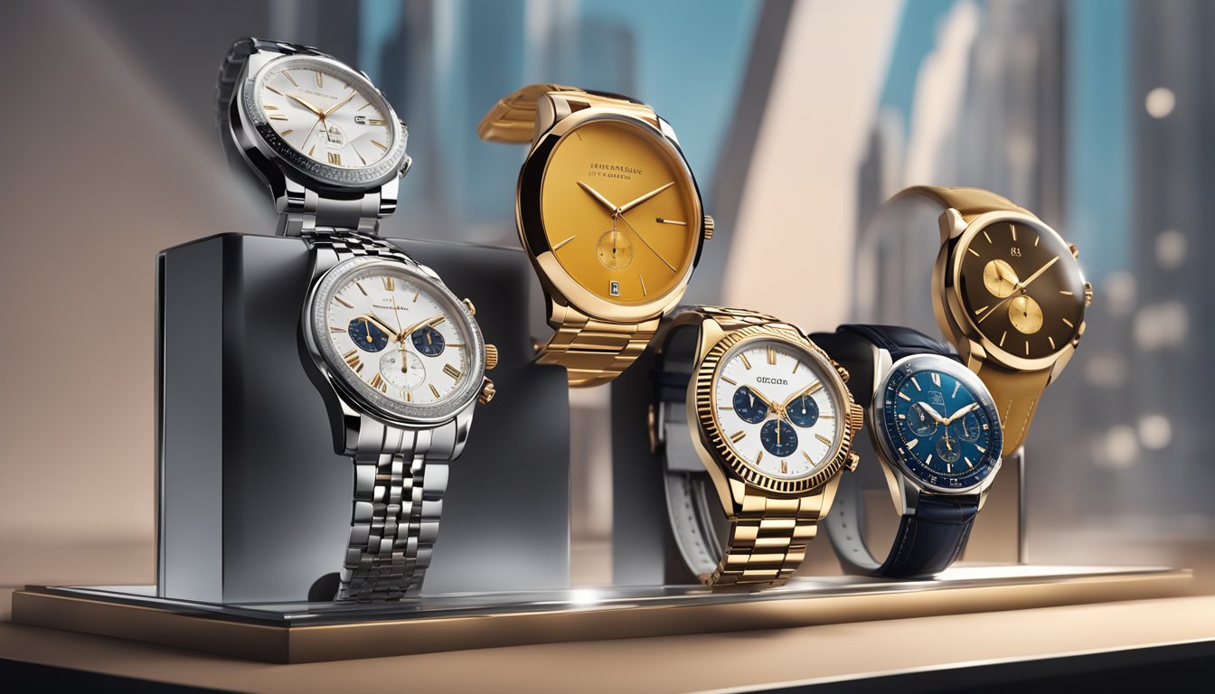 A display of top affordable luxury watch brands arranged on a sleek, modern watch stand with soft lighting highlighting the intricate details of each timepiece