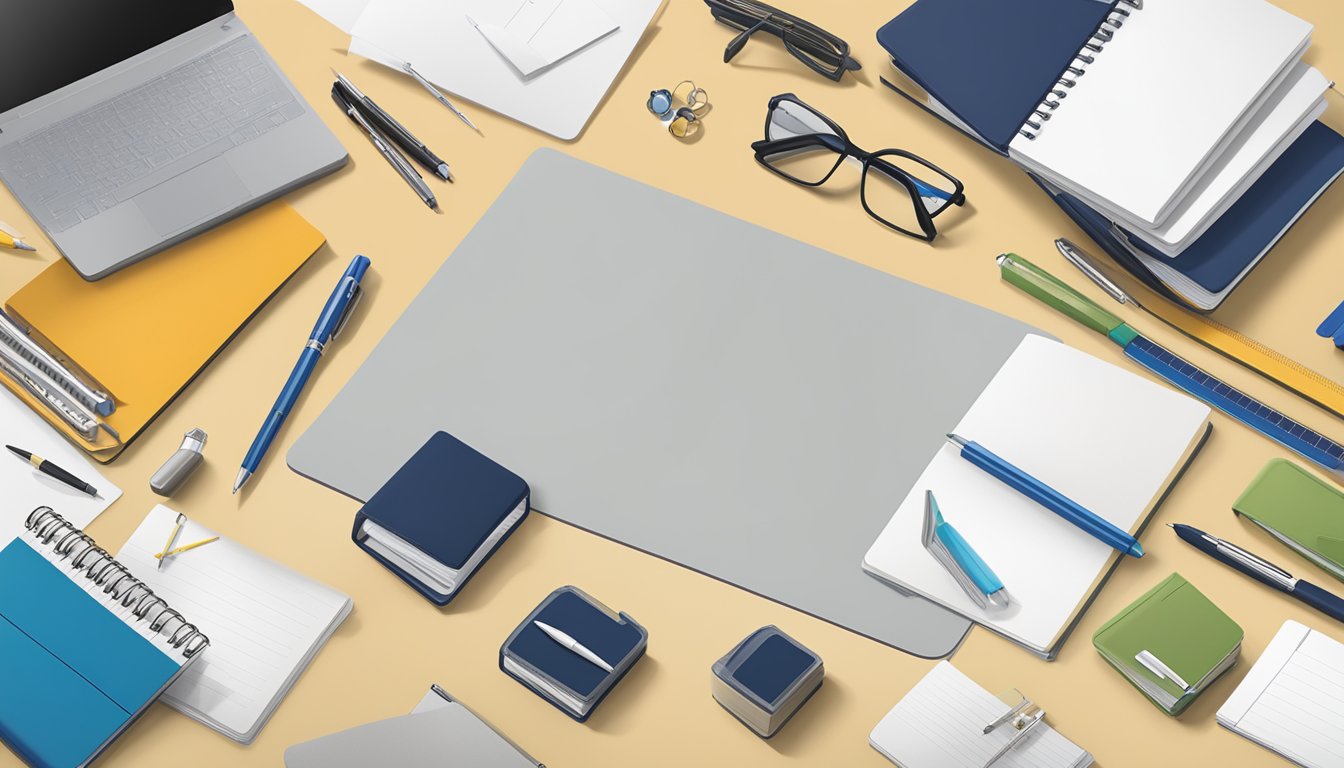 A table with a variety of office supplies, including notebooks, pens, and folders, all bearing the logo of Acco Brands