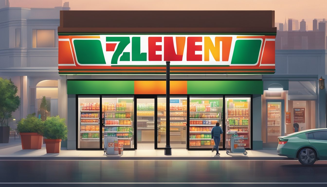 A brightly lit 7-Eleven store with the iconic red, green, and orange logo. The store's exterior features a glass storefront and a prominent "7 11" sign