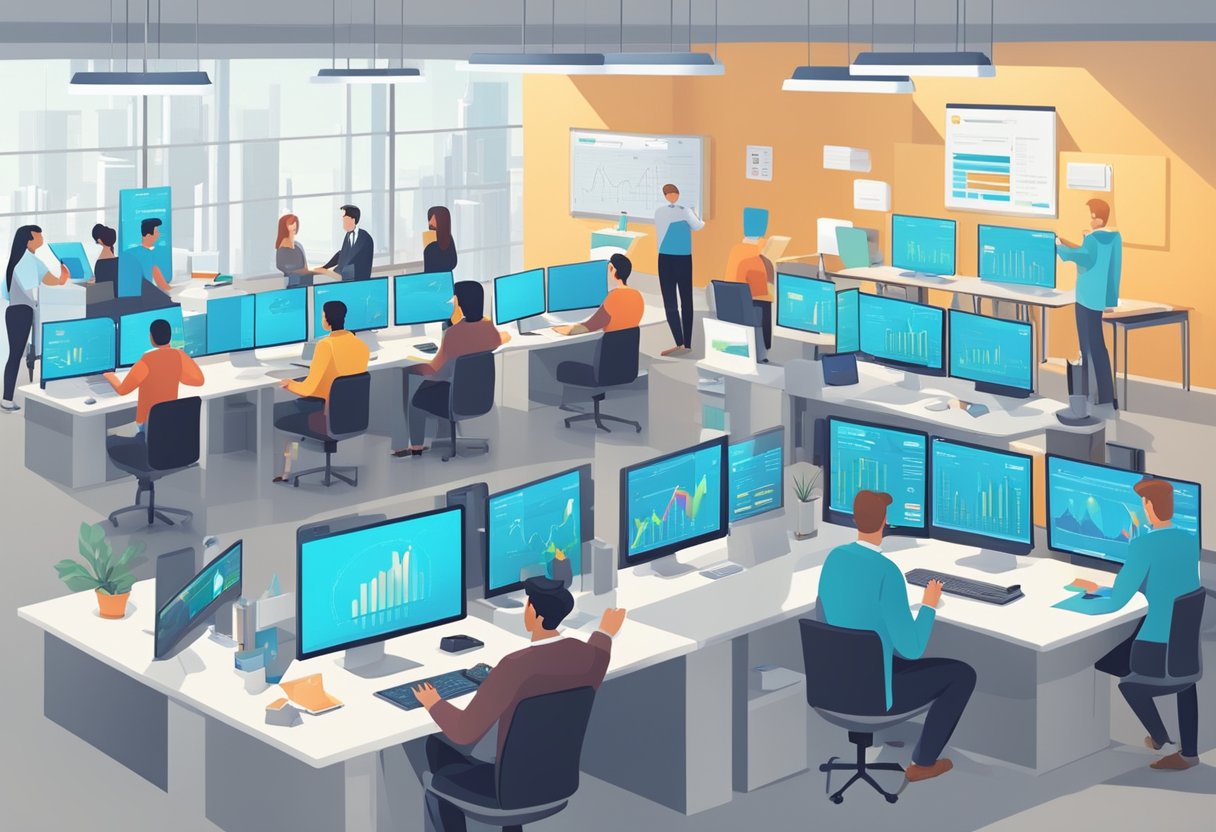 A bustling office with employees processing payments and analyzing revenue data for hybrid PayFac providers. Multiple screens display transaction information