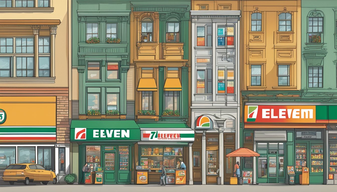The 7-Eleven brand's evolution from its humble beginnings to its modern-day presence, showcasing iconic logos and store designs