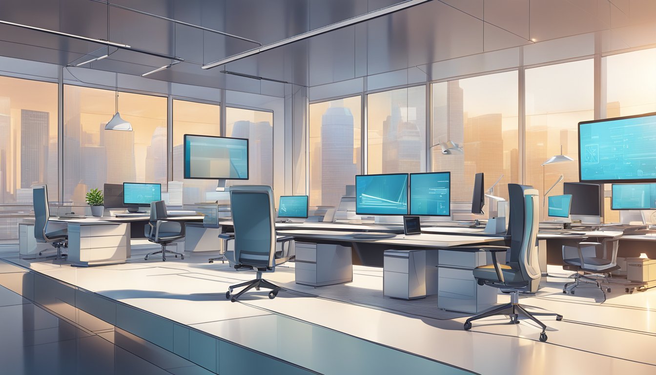 A modern office setting with sleek, futuristic technology and innovative tools on a desk at ACCO Brands