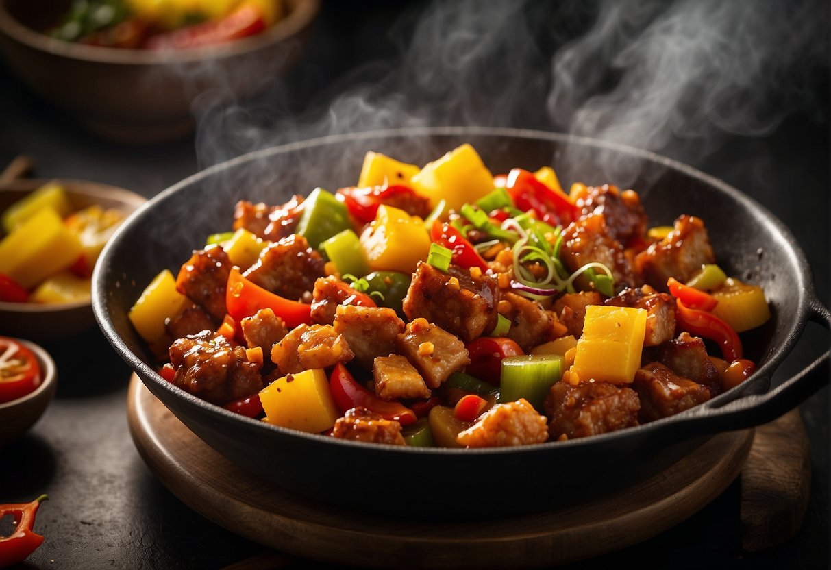 A sizzling wok filled with golden chunks of crispy pork, glistening with a glossy sweet and sour sauce, surrounded by vibrant bell peppers and pineapple chunks