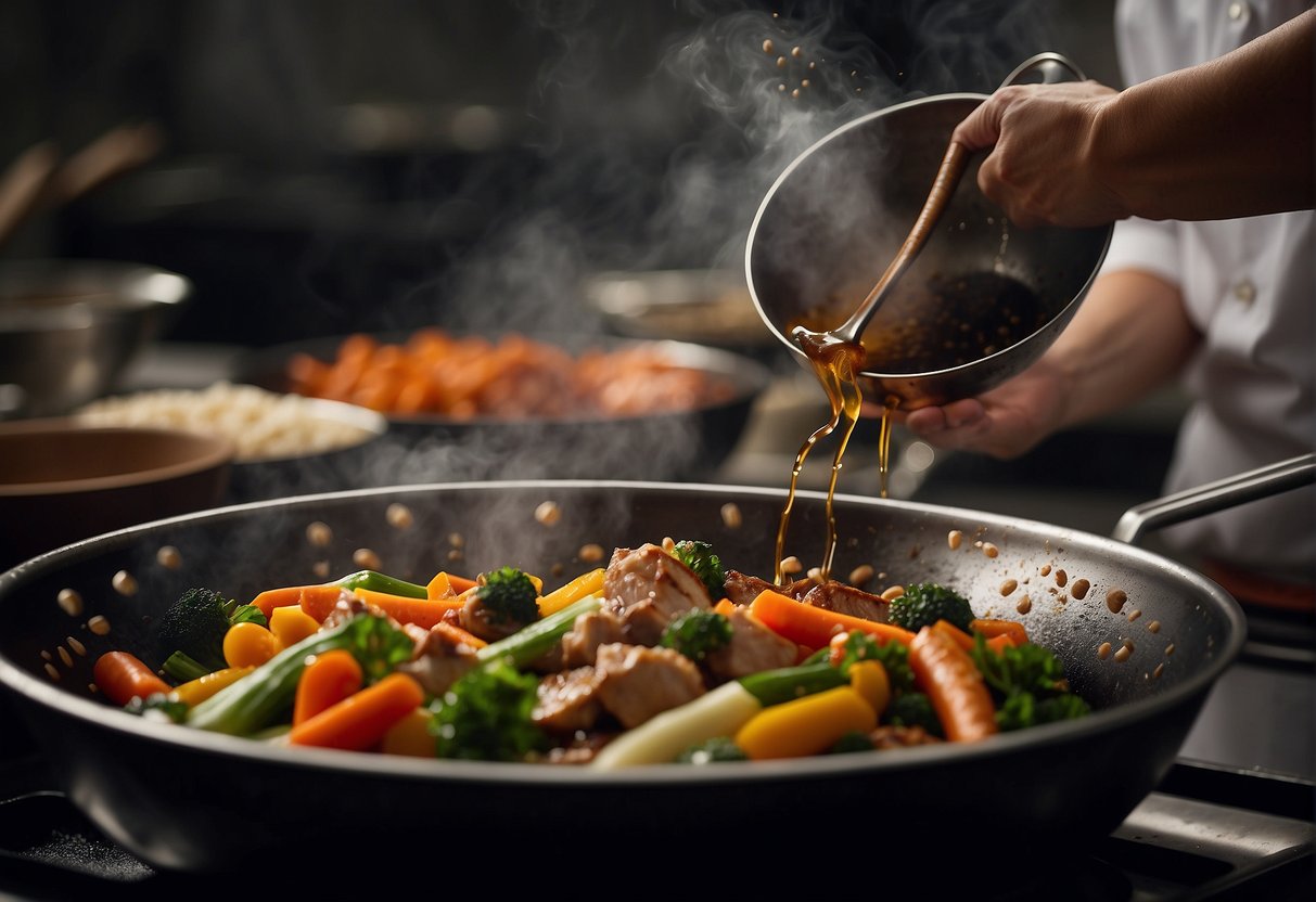A chef mixing soy sauce, vinegar, and sugar in a wok, adding pork and vegetables, creating a sizzling sweet and sour aroma