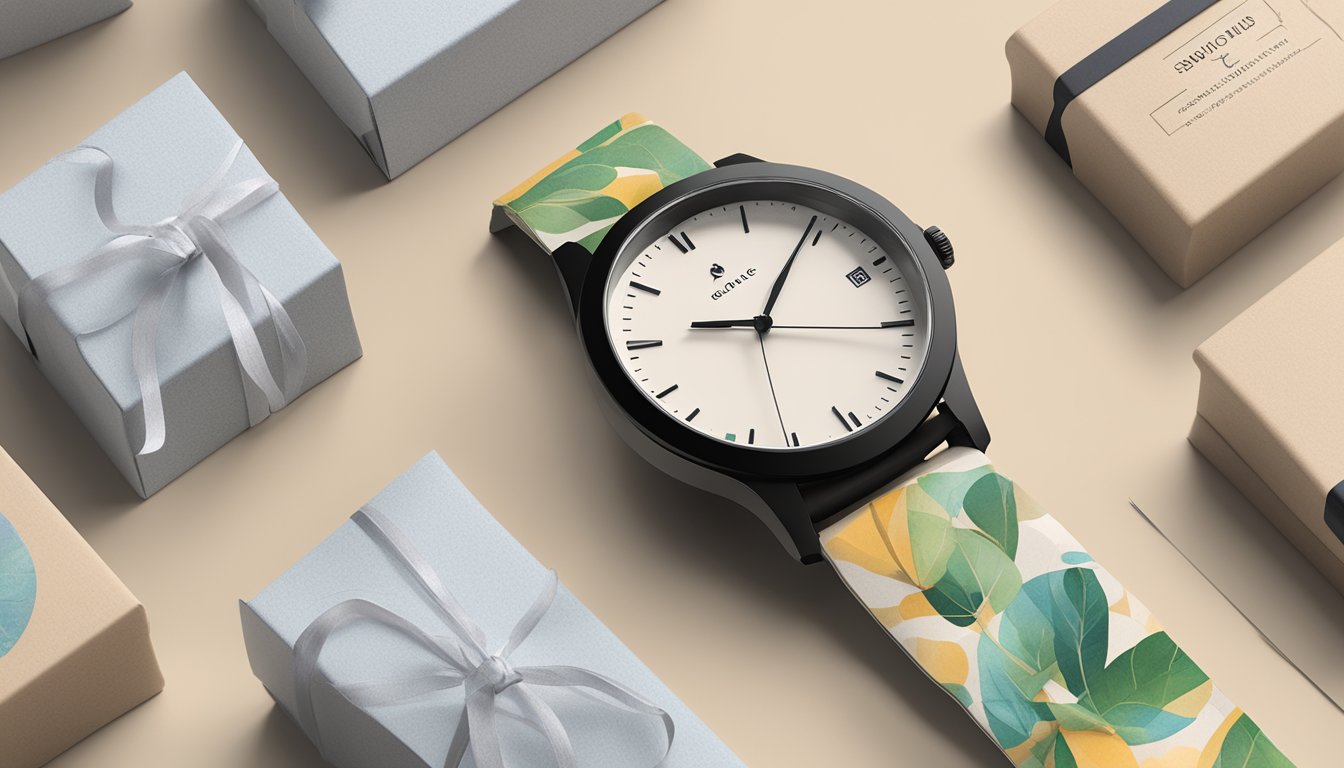 A watch made of sustainable materials, surrounded by eco-friendly packaging and a small logo indicating affordability