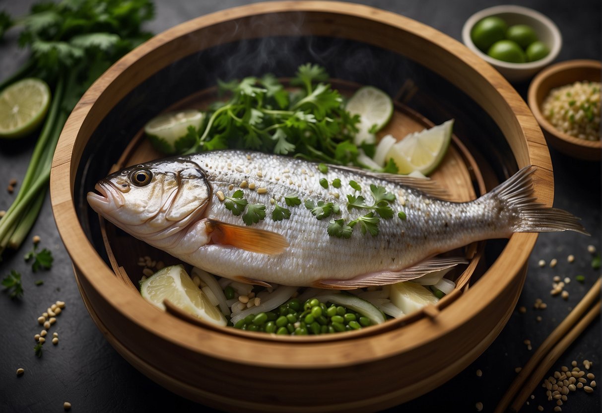 A whole fish steaming in a bamboo steamer, surrounded by slices of ginger, scallions, and cilantro, with a drizzle of soy sauce and sesame oil