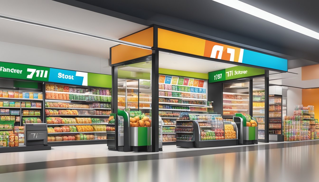 A modern 7 11 store with innovative products and services, including branded items and technology-driven features