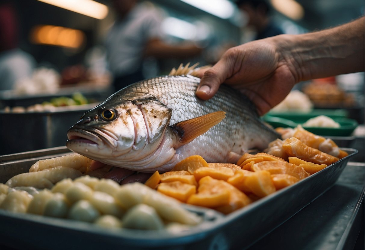 A hand reaches for a fresh whole fish at a bustling seafood market. Ingredients like ginger and soy sauce are displayed nearby