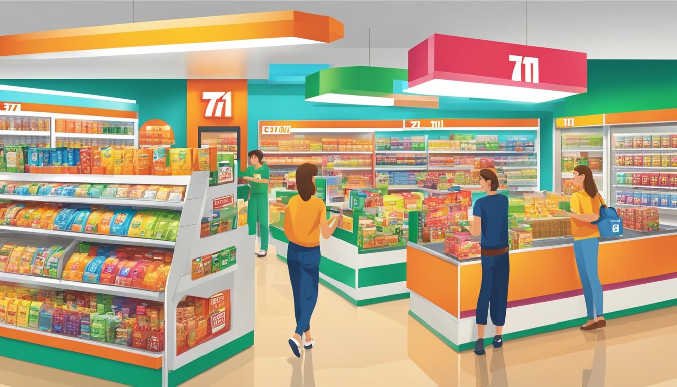 Customers interacting with 7 11 brand products, smiling and showing loyalty cards. Bright and inviting store environment with promotional displays