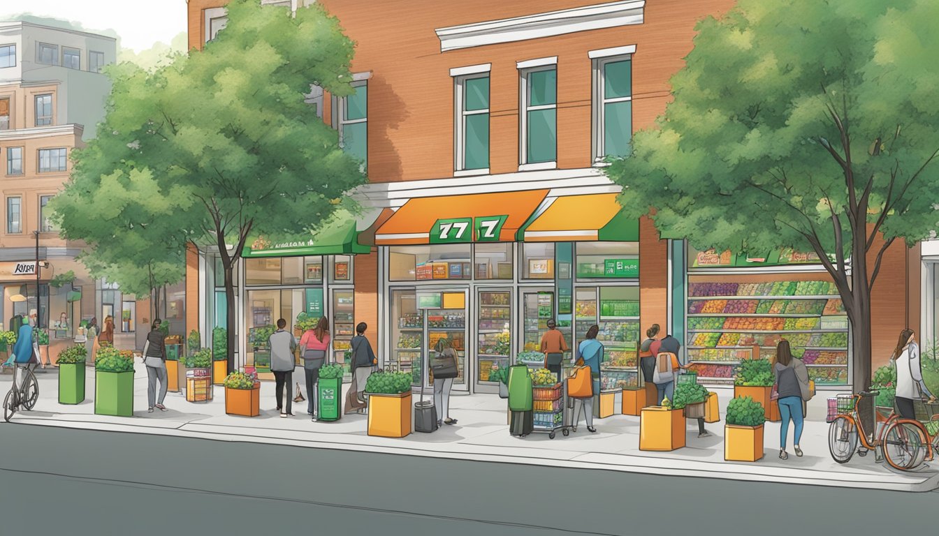 A bustling 7 11 store surrounded by green spaces and local businesses, with customers using reusable bags and recycling bins nearby