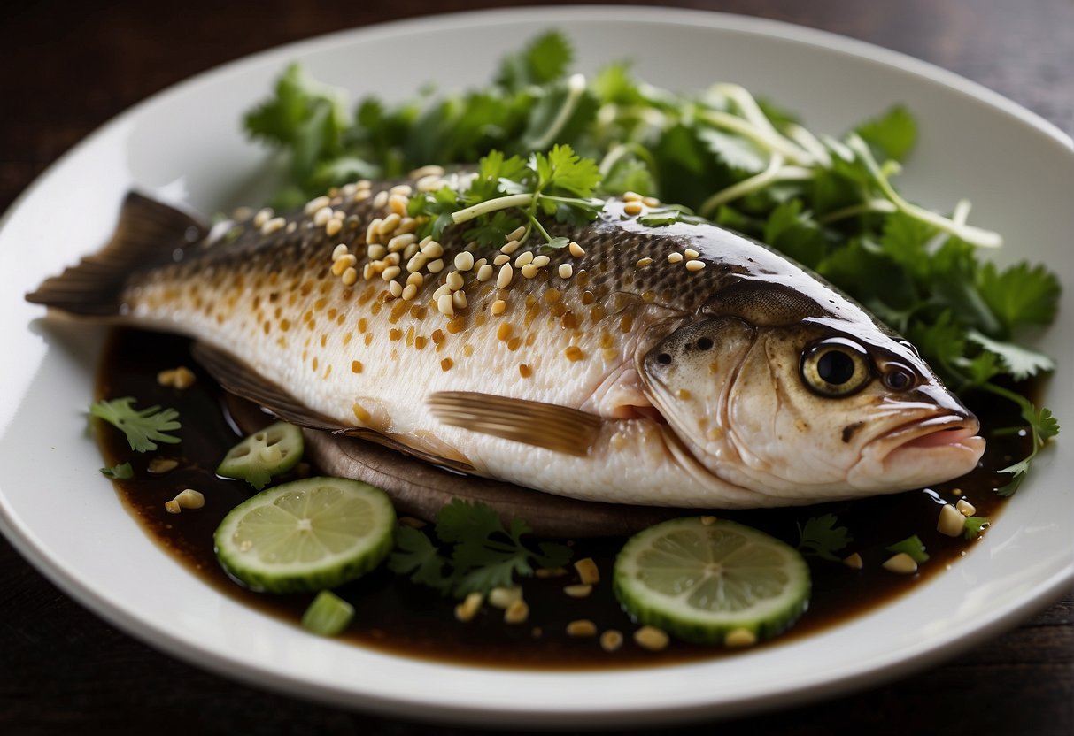 A whole fish lying on a bed of sliced ginger and scallions, with a drizzle of soy sauce and a sprinkle of cilantro on top