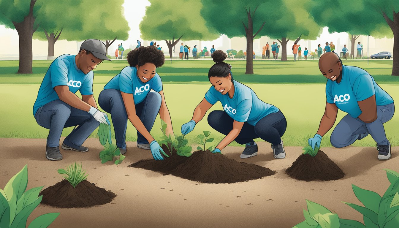A diverse group of employees working together to plant trees in a community park, with the Acco Brands logo prominently displayed on their corporate volunteer t-shirts
