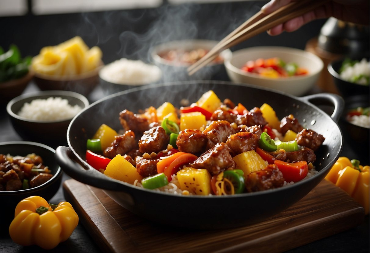 A wok sizzles with chunks of crispy pork, bell peppers, and pineapple in a sticky sweet and sour sauce. Bowls of rice and chopsticks sit nearby