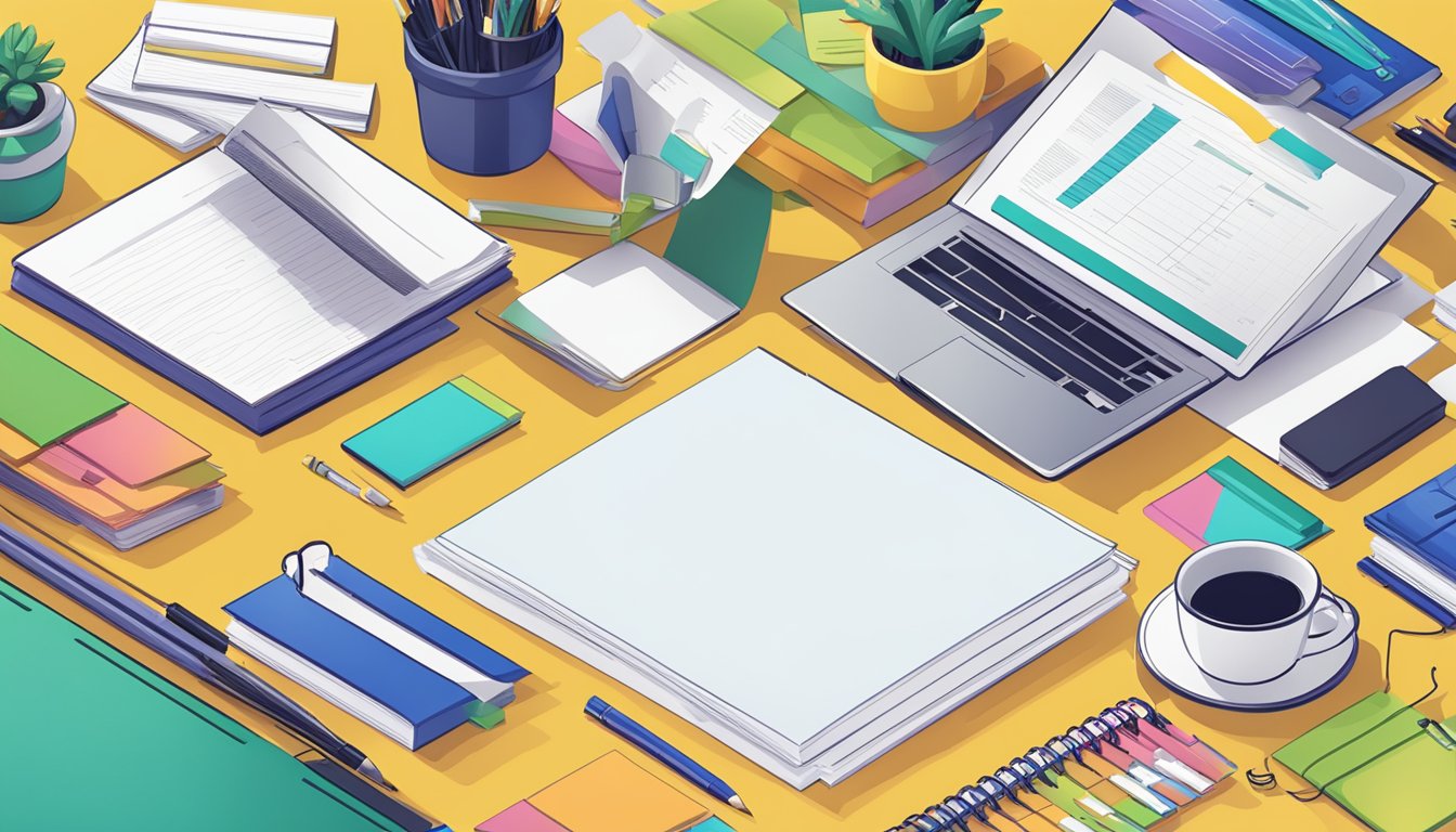 A stack of FAQ sheets with the logo "ACCO Brands" on top, surrounded by office supplies and a laptop