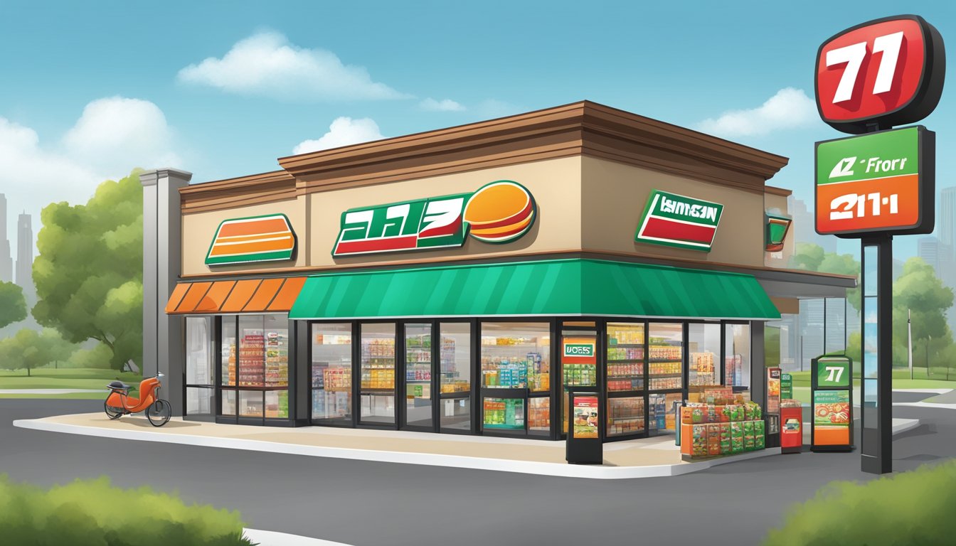 A 7 11 franchise store with the iconic branding and signage, showcasing various business opportunities