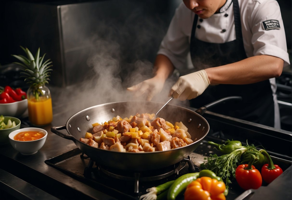A chef mixing pork with batter and frying it in a wok. A separate pot simmers sweet and sour sauce. Ingredients like pineapple, peppers, and onions are laid out