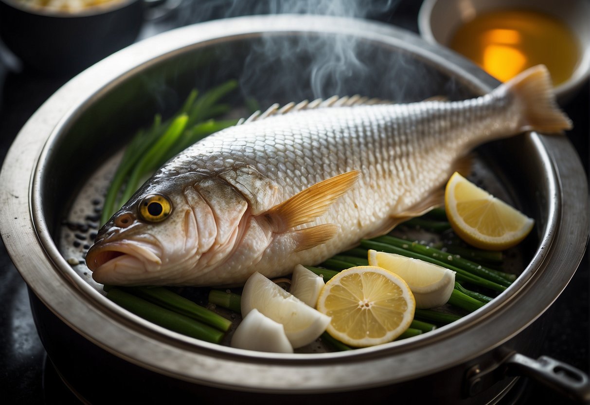 A whole fish placed on a steaming plate with ginger, garlic, and scallions on top, surrounded by steam rising from a pot of boiling water