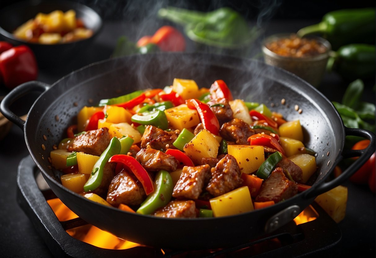 A wok sizzles as chunks of pork, bell peppers, and pineapple are stir-fried in a vibrant sweet and sour sauce, filling the air with an enticing aroma
