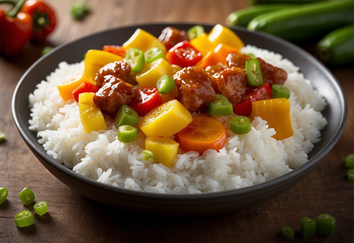 A platter of golden brown chunks of sweet and sour pork surrounded by colorful bell peppers and pineapple chunks, garnished with green onions, and served on a bed of steamed white rice