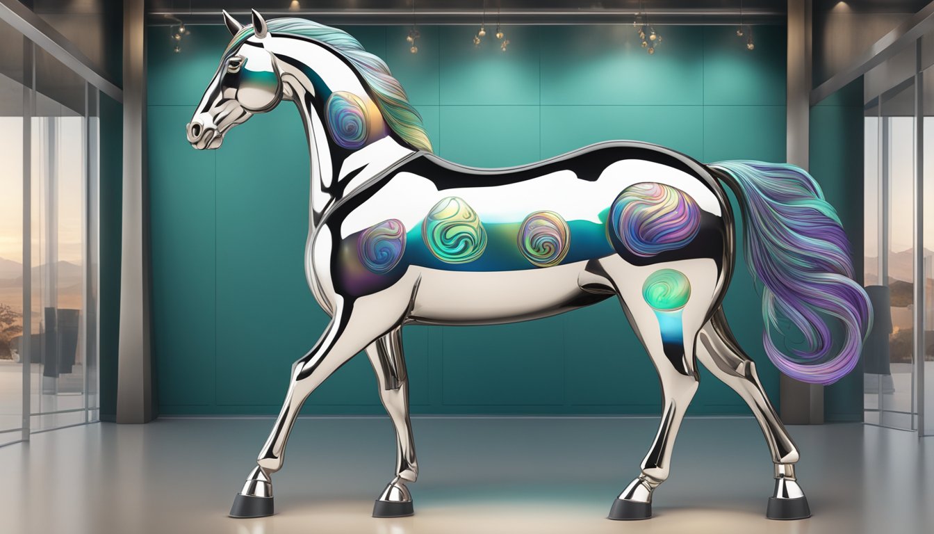 A majestic horse with a sleek, shiny coat stands proudly, adorned with a brand symbol of an abalone shell, representing the Customer Care brand