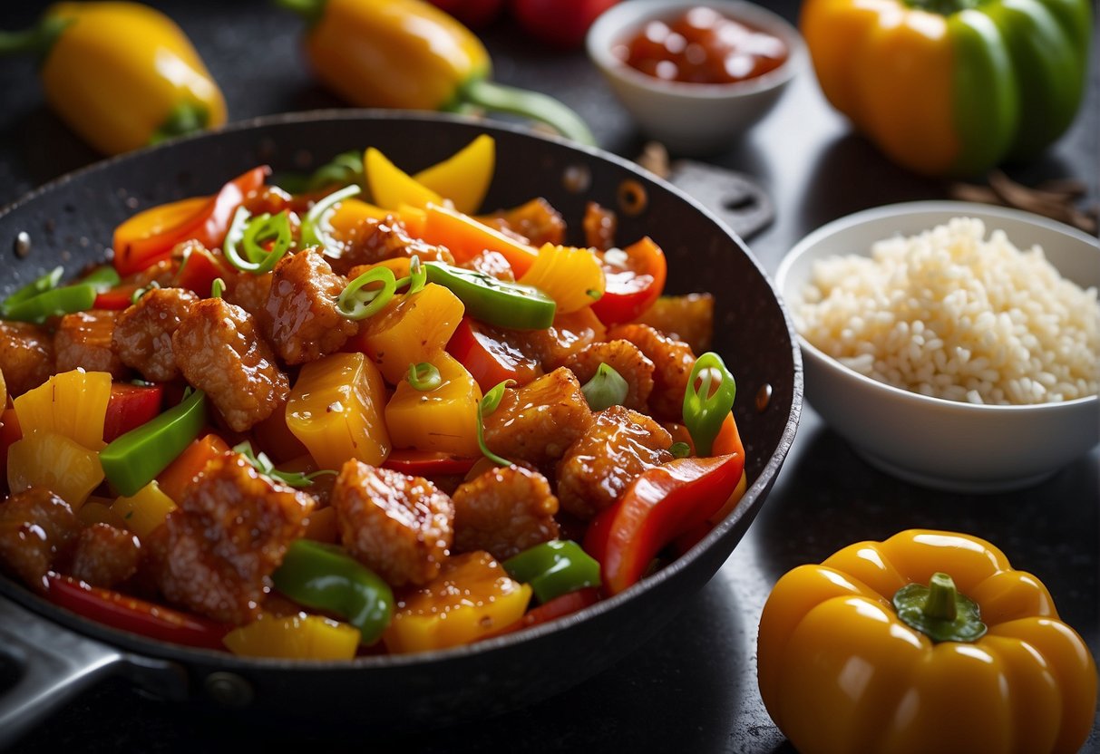 A wok sizzles with chunks of crispy pork coated in tangy sweet and sour sauce, surrounded by colorful bell peppers and pineapple chunks