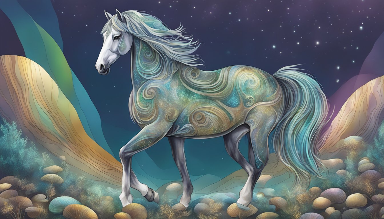 A majestic horse with a brand of "Frequently Asked Questions" grazes near a shimmering abalone shell