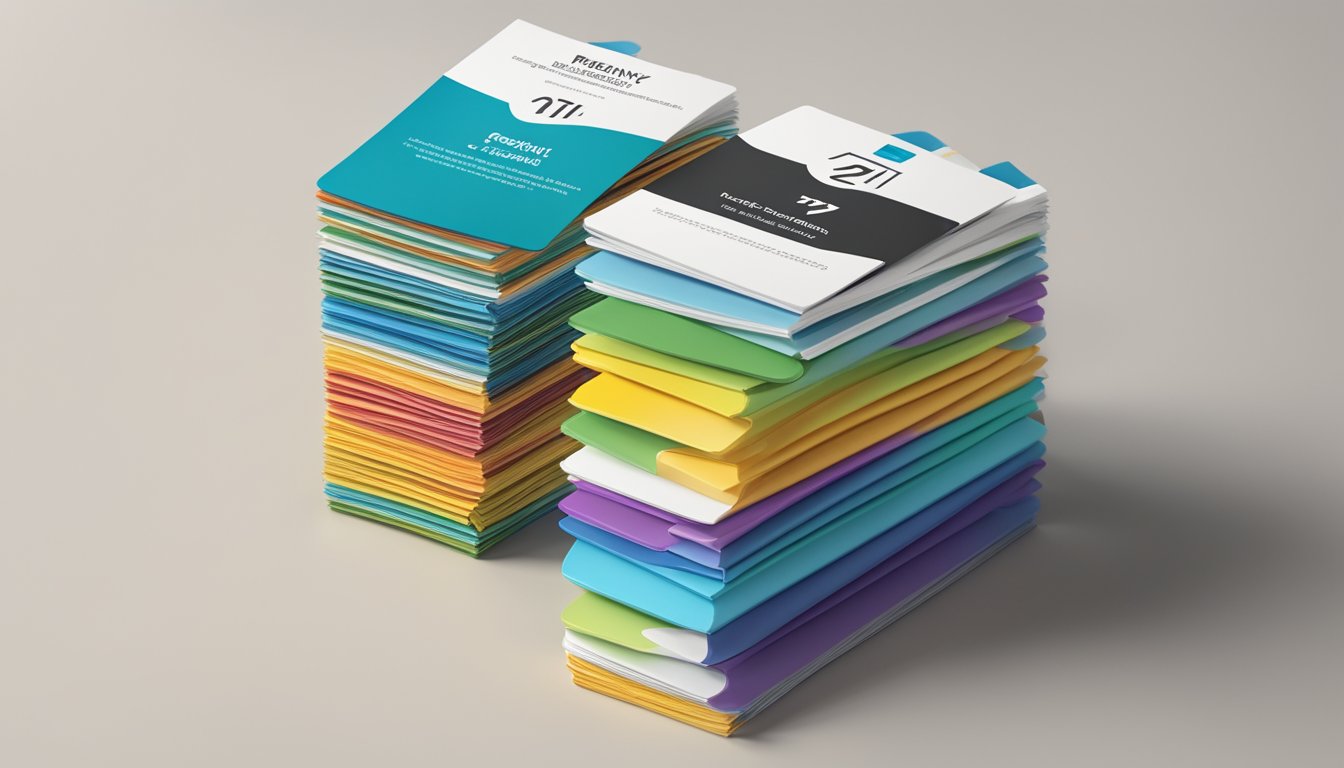 A stack of colorful "Frequently Asked Questions 7 11" brand brochures arranged on a sleek, modern display stand