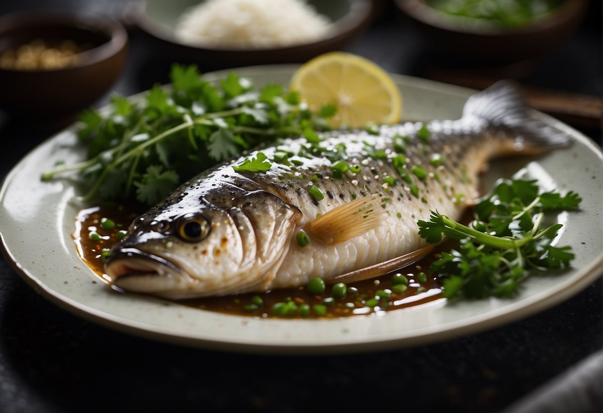 A whole fish sits on a steaming plate, surrounded by ginger, scallions, and cilantro. A drizzle of soy sauce and a sprinkle of white pepper complete the dish