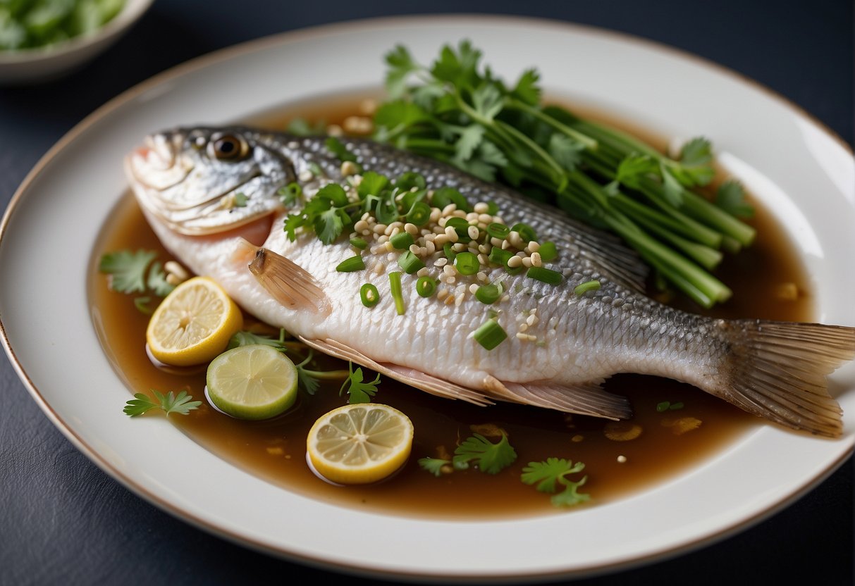 A whole steamed fish on a bed of julienned ginger and scallions, garnished with cilantro and drizzled with soy sauce