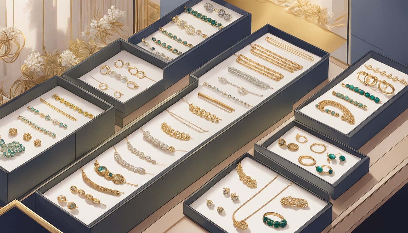 A display of affordable jewellery brands in Singapore, featuring dainty necklaces, elegant earrings, and delicate bracelets, showcased on velvet-lined trays in a well-lit boutique setting