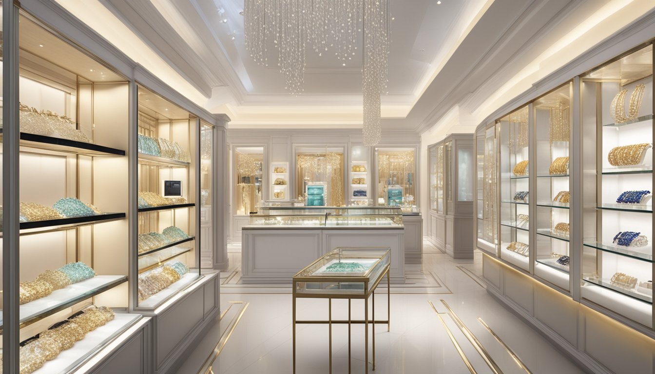 A display of elegant and affordable jewellery brands in a boutique setting in Singapore. Shimmering necklaces, bracelets, and earrings are showcased on sleek glass shelves, catching the light and enticing shoppers