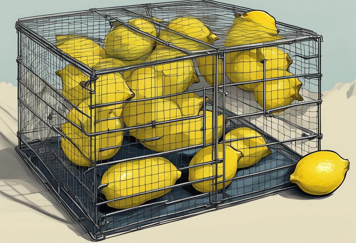 Lemons covered with mesh or placed in a wire cage to prevent rats from eating them