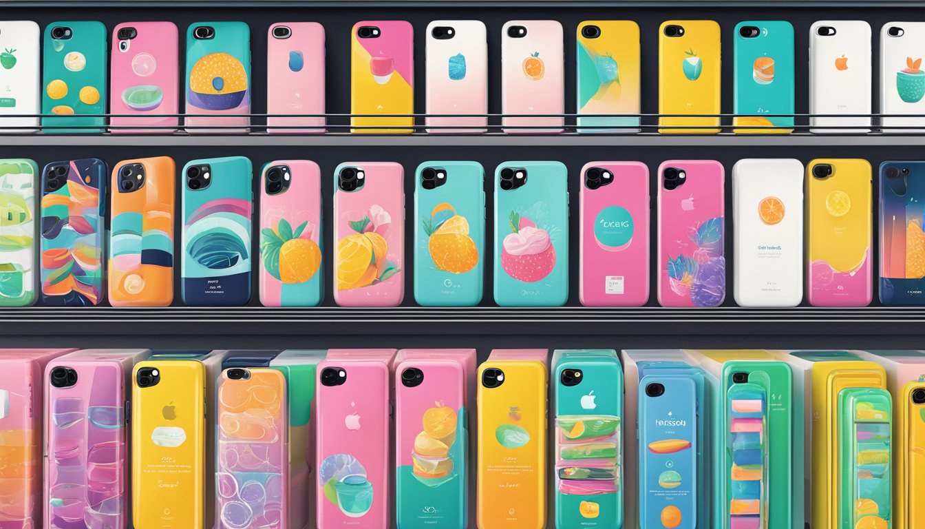 Various iPhone case brands displayed on a store shelf. Bright packaging and sleek designs stand out