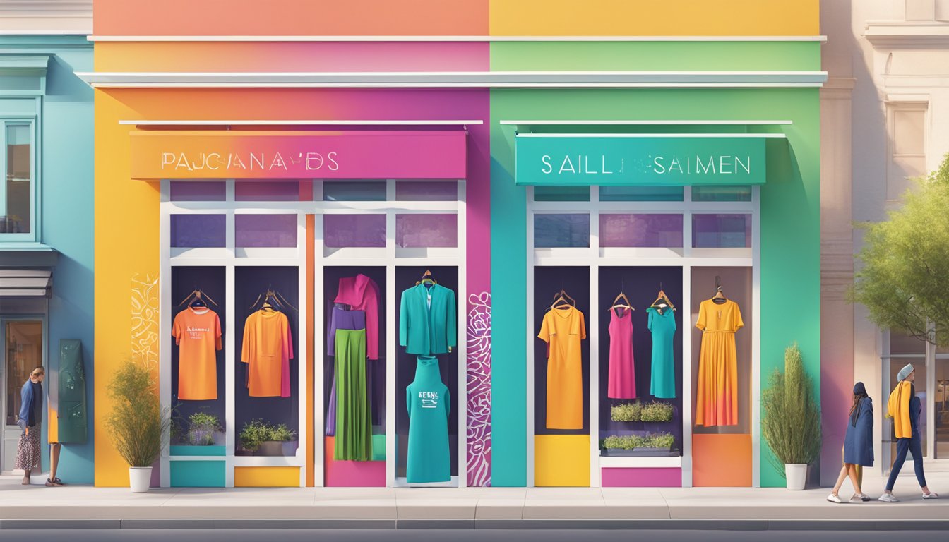Colorful apparel brand names displayed on a sleek, modern storefront. Bold fonts and vibrant hues catch the eye of passersby