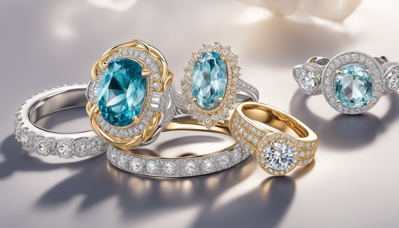A display of shimmering rings and earrings glistens under soft lighting, beckoning with their affordable allure. Bright gemstones and delicate designs catch the eye, promising a touch of elegance without breaking the bank
