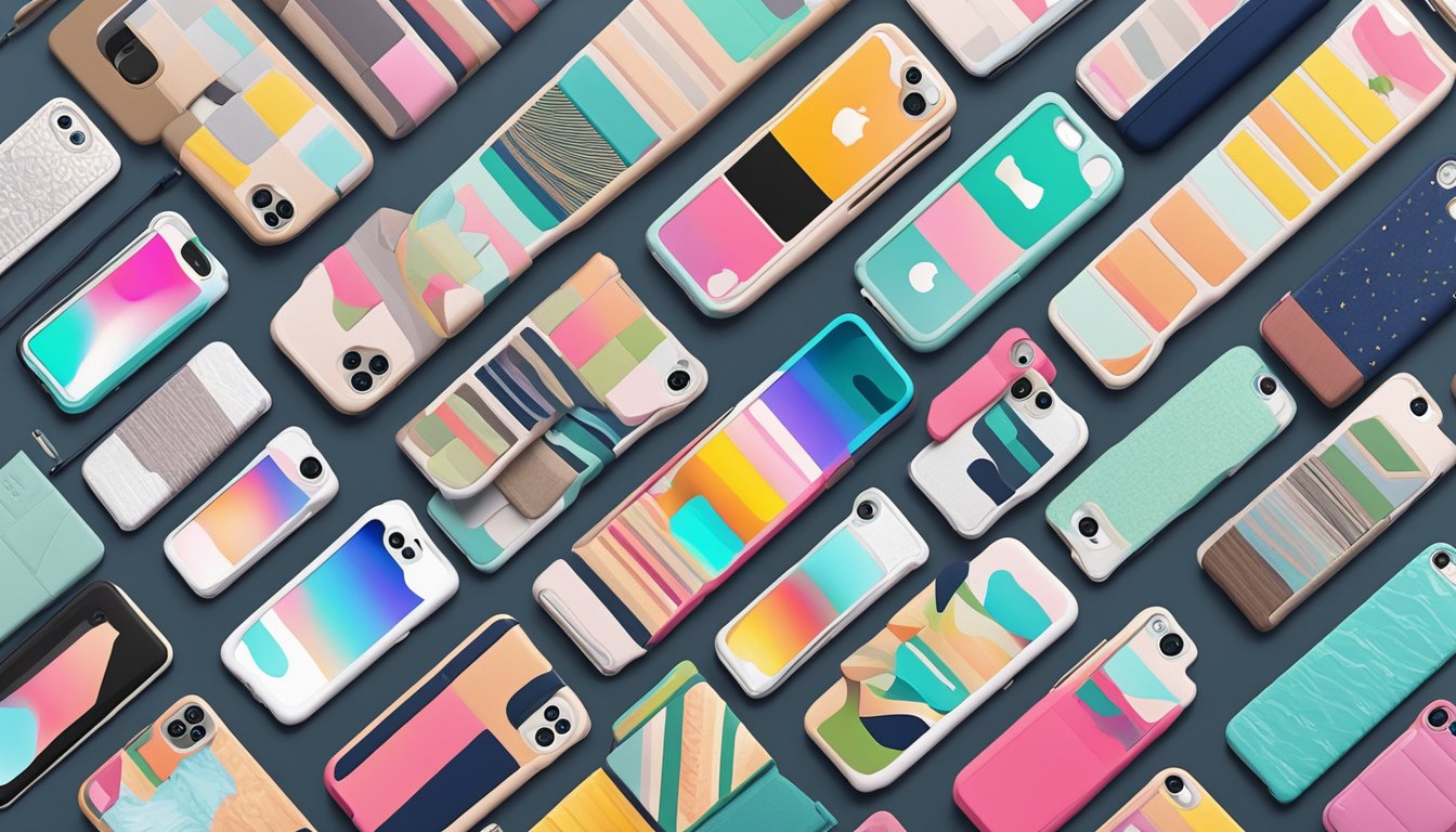 A variety of iPhone cases from different brands are displayed on shelves, showcasing various designs, colors, and materials