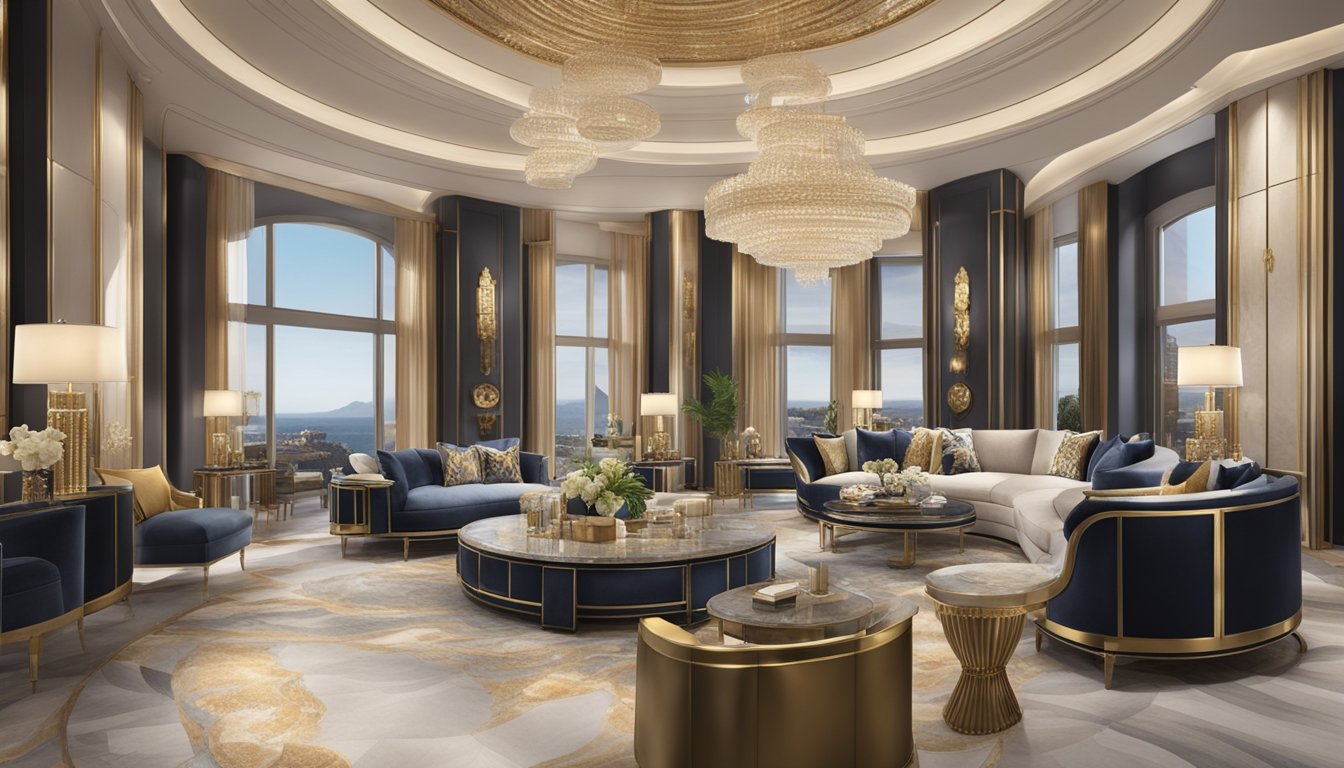 A luxurious setting with tiered levels, showcasing top-tier luxury brands at the pinnacle, followed by mid-tier and lower-tier brands below. Rich colors and opulent decor convey exclusivity and sophistication