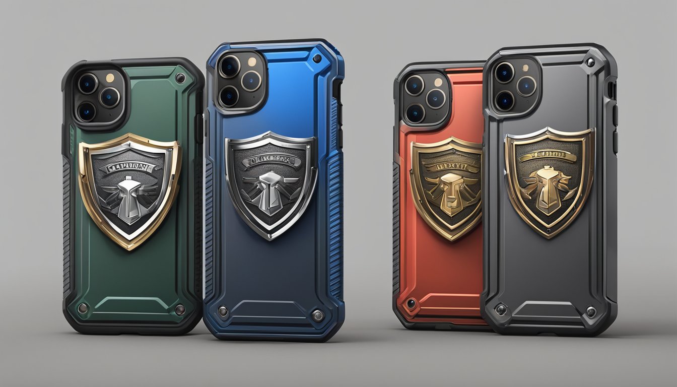 Two sturdy iPhone cases stand side by side, one with a shield emblem and the other with a hammer symbol, representing protection and durability