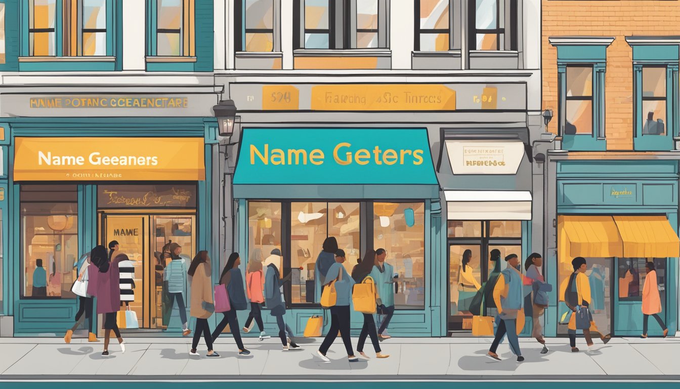 A bustling city street with a vibrant storefront displaying "Name Generators" apparel brand names. Pedestrians walk by, admiring the trendy designs