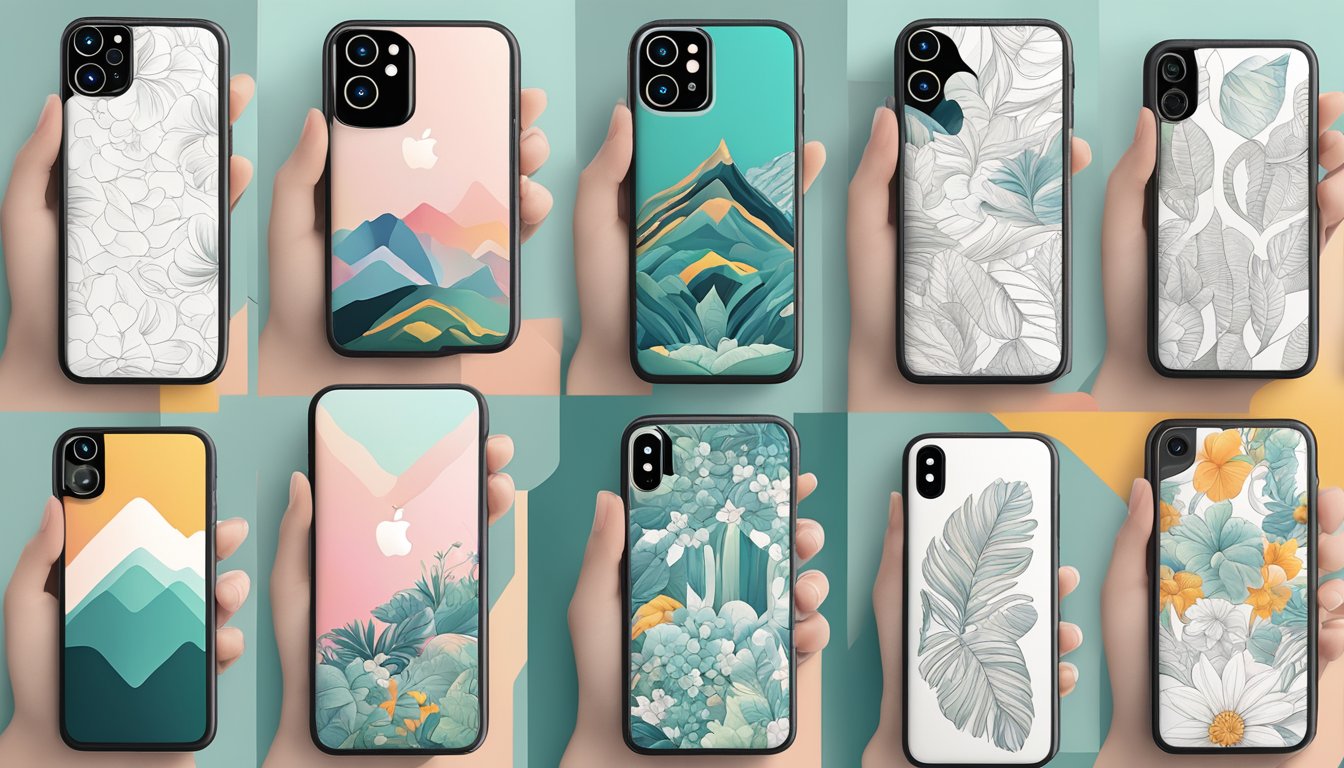 A hand holds an iPhone case with various design options and personalization features displayed on a digital screen