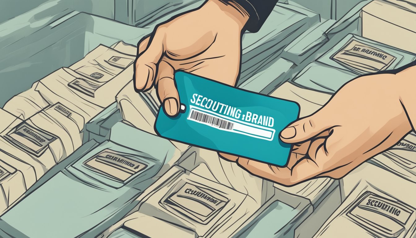 A hand reaching out to grab a clothing tag with the brand name "Securing Your Brand" prominently displayed