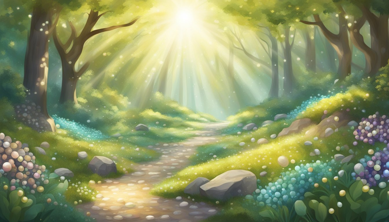 A serene forest clearing adorned with gemstones and pearls, glistening in the sunlight