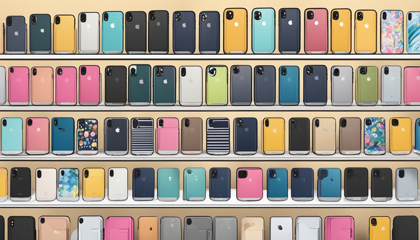 Various iphone cases arranged neatly on a display shelf, showcasing different brands with labels highlighting their compatibility and functionality
